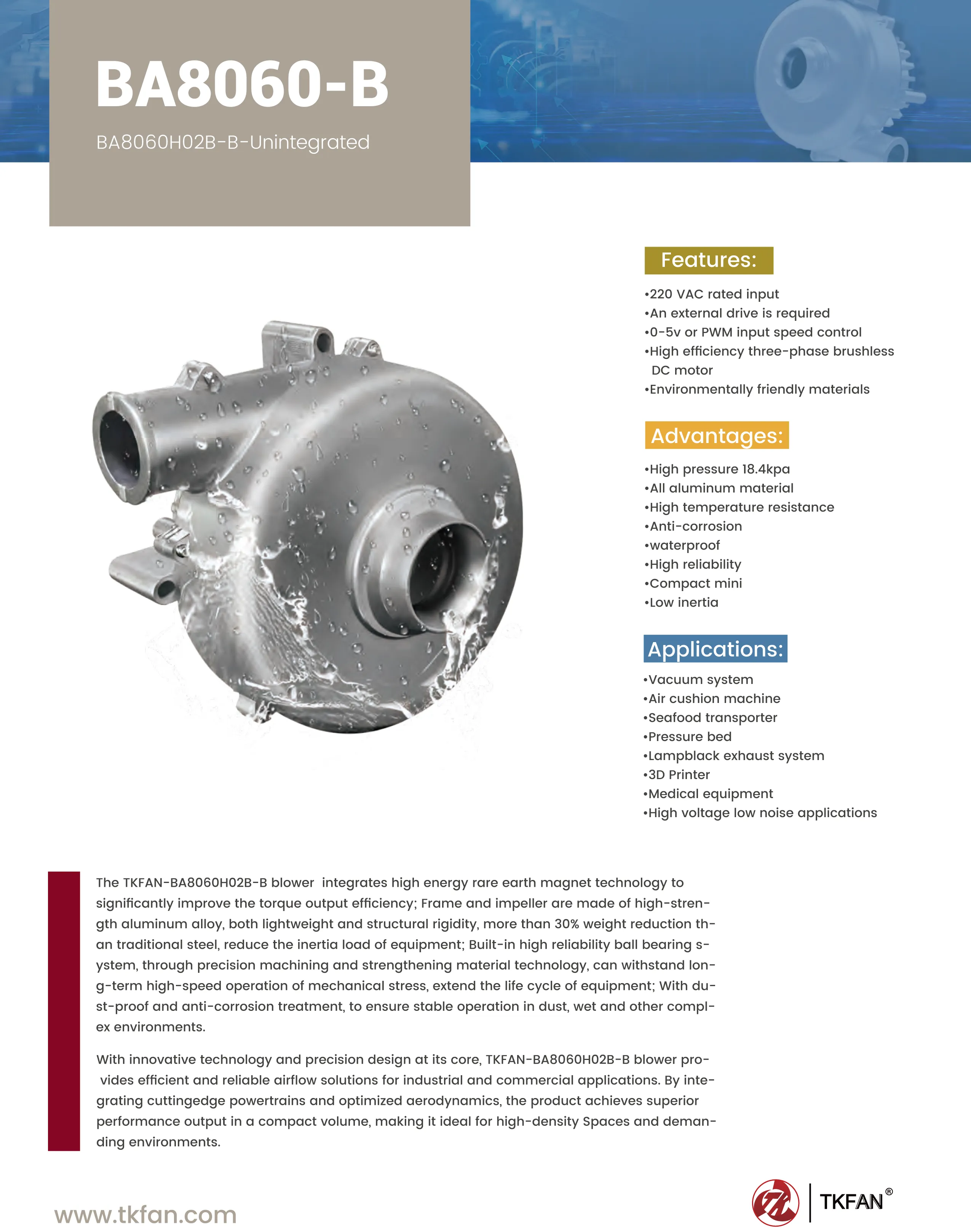 220V Blower BA8060H02B-B (Non-integrated) Specification Sheet
